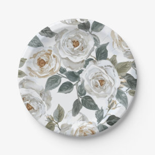 Garden Roses White Watercolor Floral Vintage Paper Plate