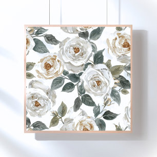 Garden Roses White Watercolor Floral Vintage Poster