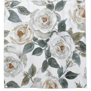Garden Roses White Watercolor Floral Vintage Shower Curtain
