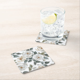 Garden Roses White Watercolor Floral Vintage Square Paper Coaster
