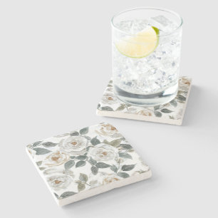 Garden Roses   White Watercolor Floral Vintage Stone Coaster