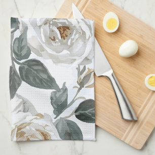 Garden Roses   White Watercolor Floral Vintage Tea Towel
