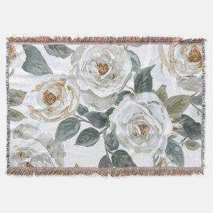 Garden Roses   White Watercolor Floral Vintage Throw Blanket
