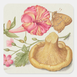 Garden Scene with Flowers, Butterfly and Mushroom Square Sticker