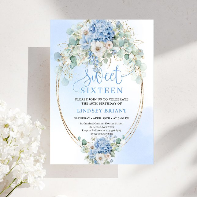 Garden Script Blue Floral Gold Sweet 16 Birthday  Invitation (Garden Script Blue Floral Gold Sweet 16 Birthday Invite)