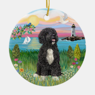 Garden-Shore - Portuguese Water Dog #5-(bw) Ceramic Tree Decoration