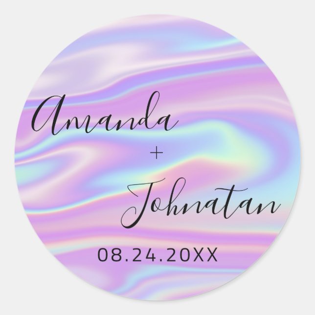 Garden Simply Name Date Black Holographic Classic Round Sticker (Front)