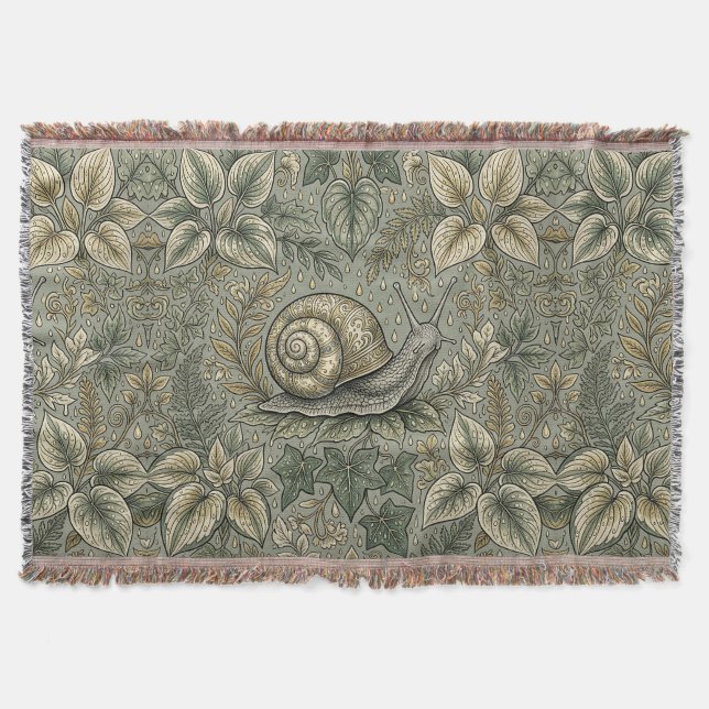 Garden Snail Throw Blanket – Rainy Leaf Pattern (Front)