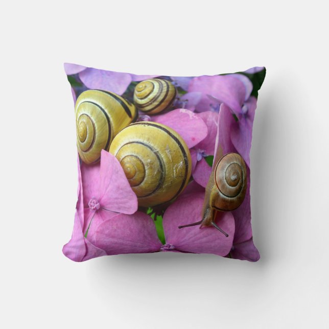 Garden Snails on Pink Flowers Cushion (Front)