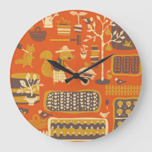 Garden Squirrels: Whimsical Animal Scene Large Clock