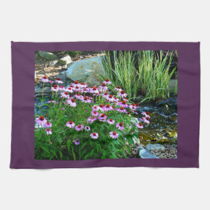 Garden Stream with Purple Coneflowers Tea Towel