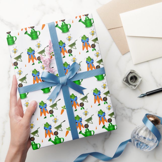 Garden Style Carrot Watering Can Bee Pattern  Wrapping Paper (Gifting)