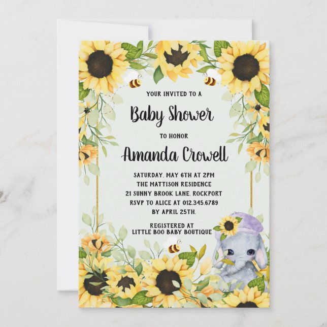 Garden Sunflowers Elephant Boy Baby Shower Invitation (Front)