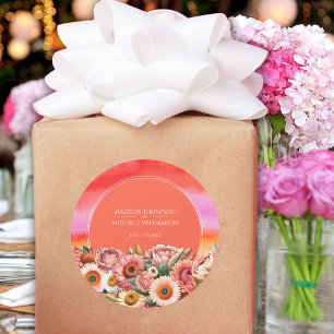 Garden Sunrise Pink Orange Modern Floral Wedding  Classic Round Sticker