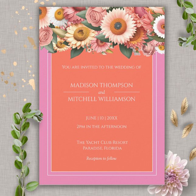 Garden Sunrise Pink Orange Modern Floral Wedding  Invitation (Creator Uploaded)