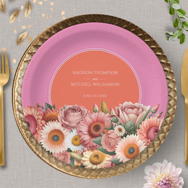 Garden Sunrise Pink Orange Modern Floral Wedding  Paper Plate (Creator Uploaded)