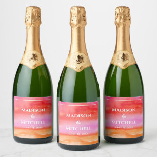 Garden Sunrise Pink Orange Watercolor Wedding Sparkling Wine Label