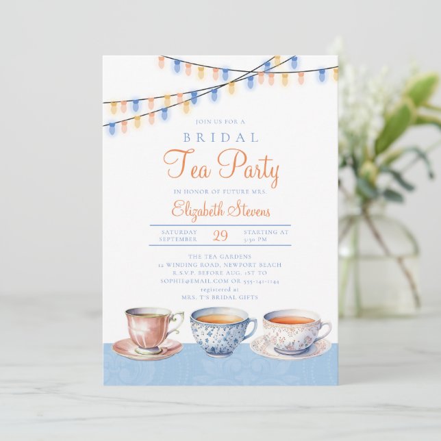 Garden Tea Party Blue Peach Lights Bridal Shower Invitation (Standing Front)