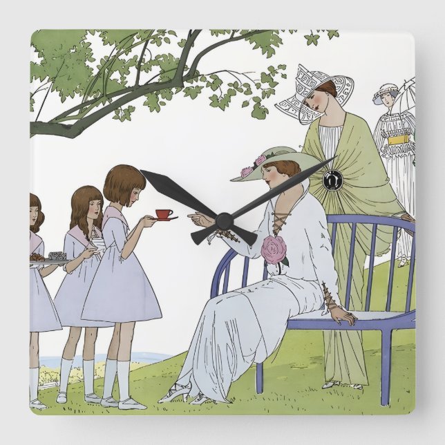 Garden tea party square wall clock (Front)