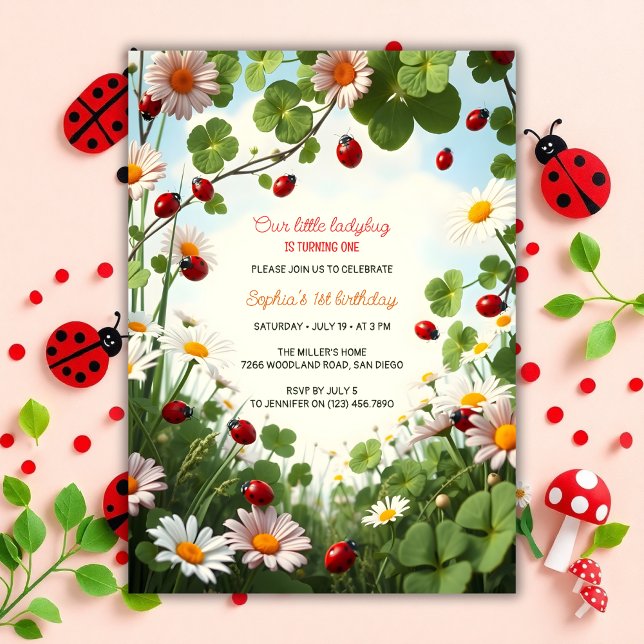 Garden Theme Baby Girl Ladybug 1st Birthday Invitation (Ladybug 1st Birthday Invitation – Garden Theme Party Invite for Baby Girl)
