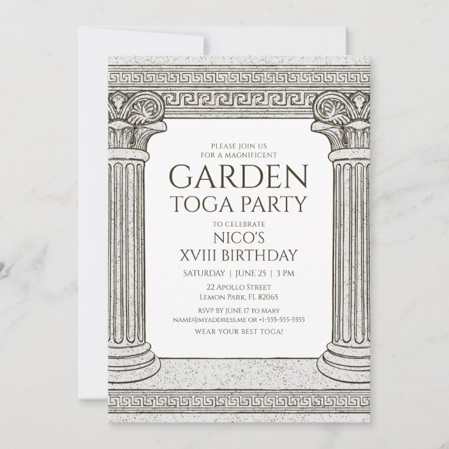 Garden Toga Party Invitation with stone columns (Front)