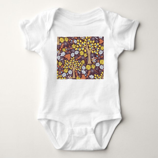 Garden trees, floral, apple pattern baby bodysuit (Front)