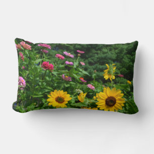 Garden view, daisies, cosmos, Sunflowers Lumbar Cushion