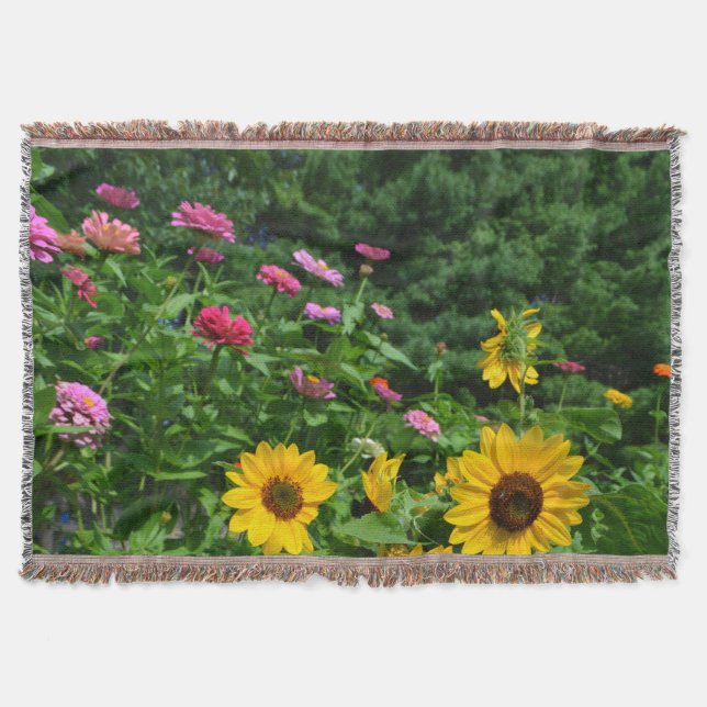 Garden view, daisy, sunflower, pine trees throw blanket (Front)