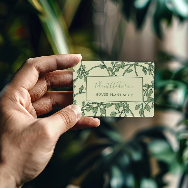 Garden vines pattern pretty business card (Stylish Green and Yellow pretty vines pattern business card with fun text.)