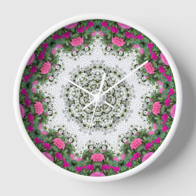 Garden Water Fountain Pink Flowers Mandala Design Clock (Front)
