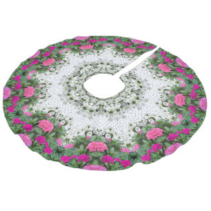 Garden Water Fountain Pink Flowers Mandala Design Faux Linen Tree Skirt