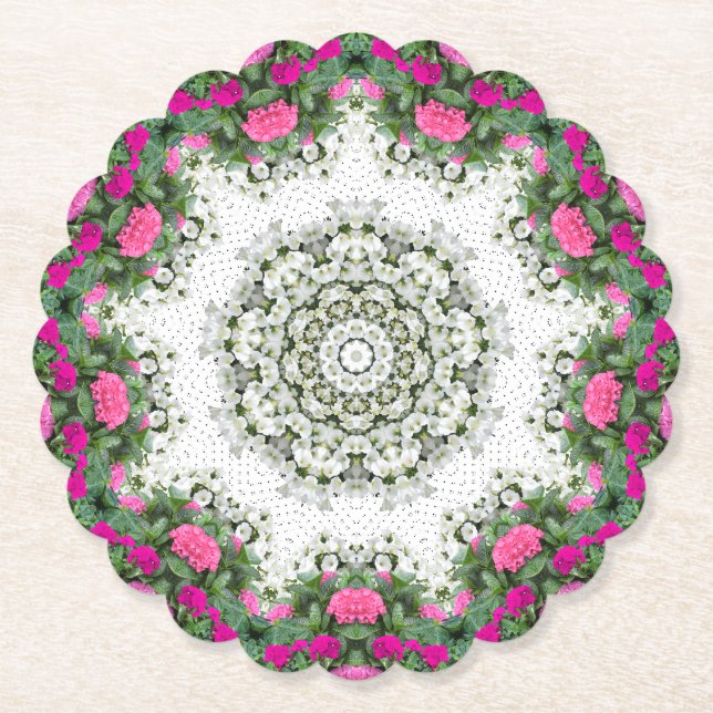 Garden Water Fountain Pink Flowers Mandala Design Paper Coaster (Front)