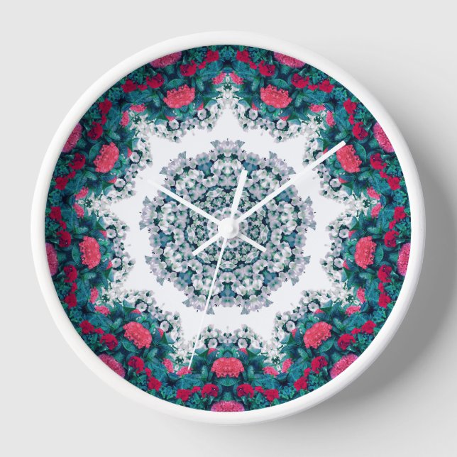 Garden Water Fountain Red Flowers Mandala Design Clock (Front)