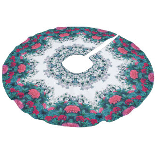 Garden Water Fountain Red Flowers Mandala Design Faux Linen Tree Skirt