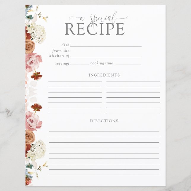Garden Watercolor Flower Bridal Shower Recipe Page (Front)