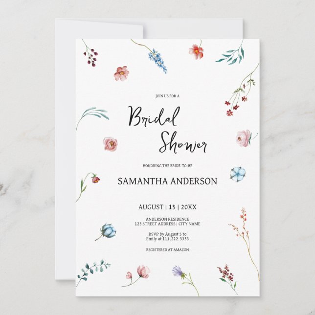 Garden Watercolor Wildflower Bridal Shower Invitation (Front)
