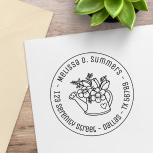 Garden Watering Can Flowers Round Address 3 Rubber Stamp