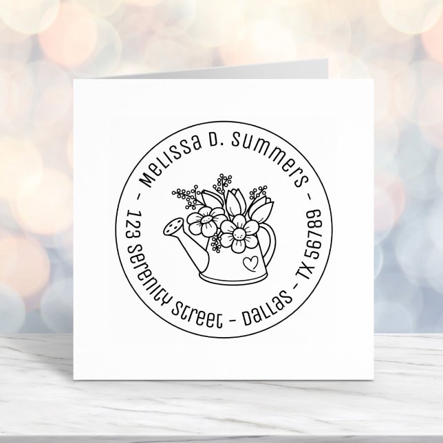 Garden Watering Can Flowers Round Address 4 Self-inking Stamp (Creator Uploaded)