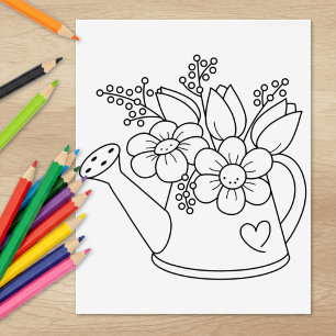 Garden Watering Can with Flowers Colouring Page Rubber Stamp