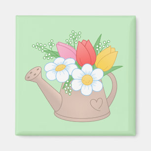 Garden Watering Can with Flowers on Green Magnet
