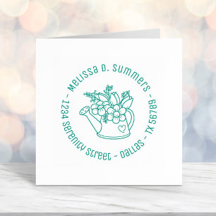 Garden Watering Can with Flowers Round Address 2 Self-inking Stamp