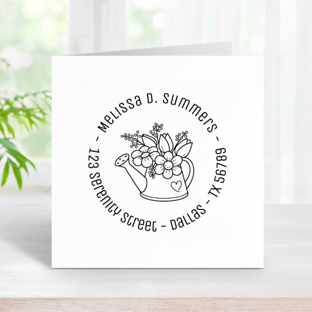 Garden Watering Can with Flowers Round Address Rubber Stamp (Creator Uploaded)