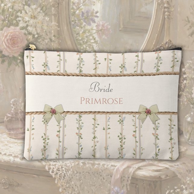 Garden Wedding Bride Gift Floral Makeup Bag (Vintage cottagecore bride cosmetic bag with a unique symmetrical plaid bow design.)