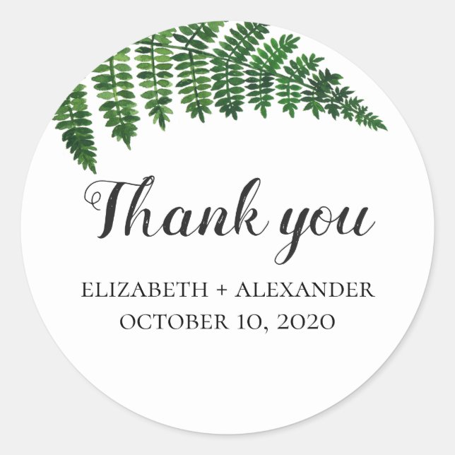 Garden wedding favour thank you. Forest green fern Classic Round Sticker (Front)
