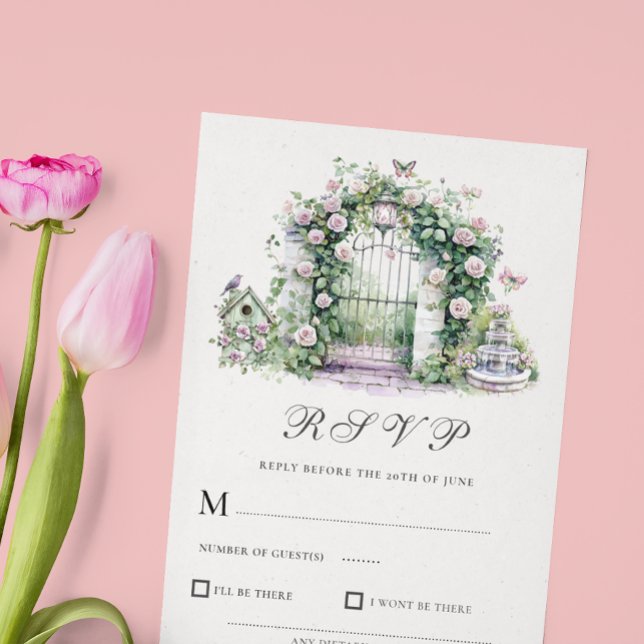 Garden Wedding Floral Arch Fountain RSVP card (Creator Uploaded)
