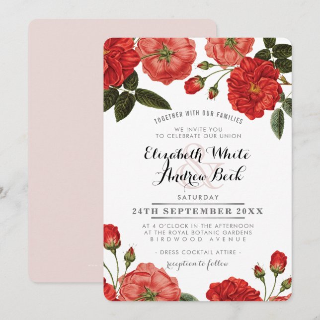 GARDEN WEDDING INVITE chic red roses floral flower (Front/Back)