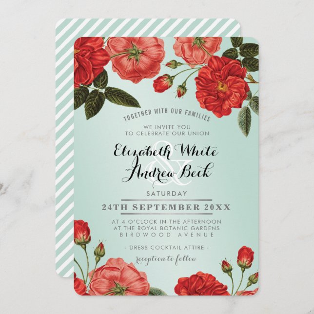 GARDEN WEDDING INVITE red roses floral flower mint (Front/Back)