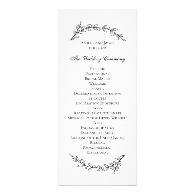 Garden wedding program. Black and white botanical Rack Card (Front)