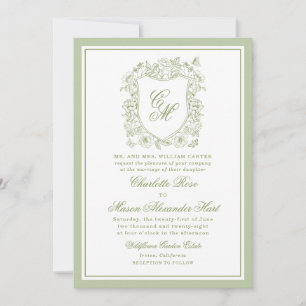 Garden Wedding Sage Green Monogram Crest Invitation