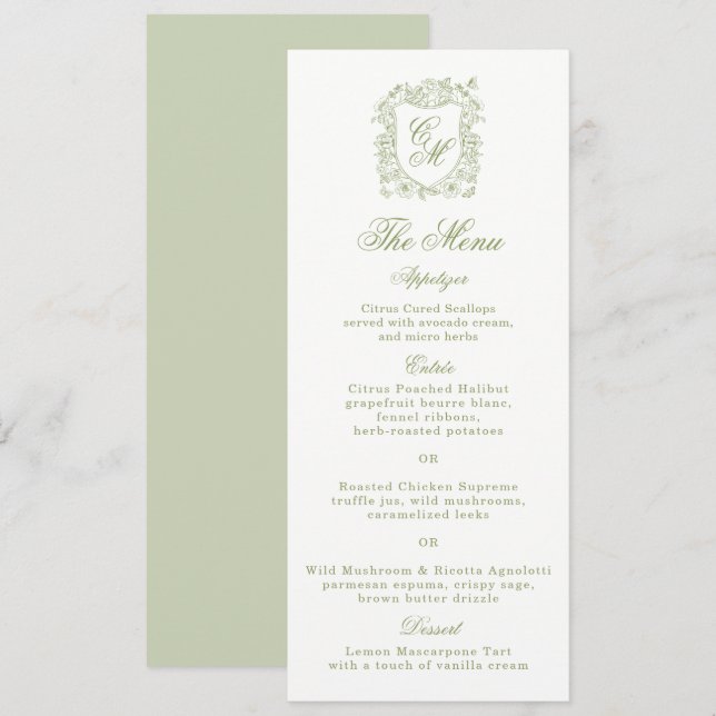 Garden Wedding Sage Green Monogram Crest Menu Card (Front/Back)